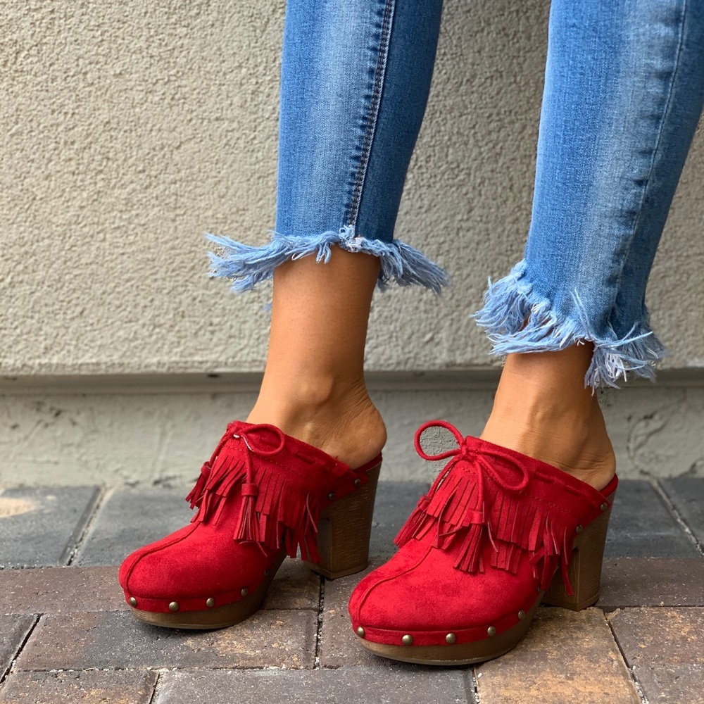 Ruby Red Fringe Tassel Studs Accent Mule Clog - Picture 7 of 8